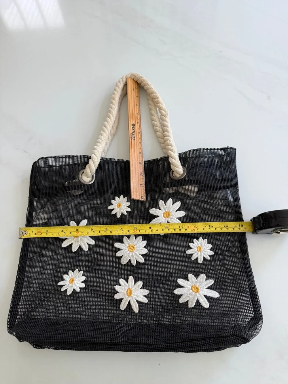Art Class black Mesh Tote Bag see through white yellow Daisy rope handles